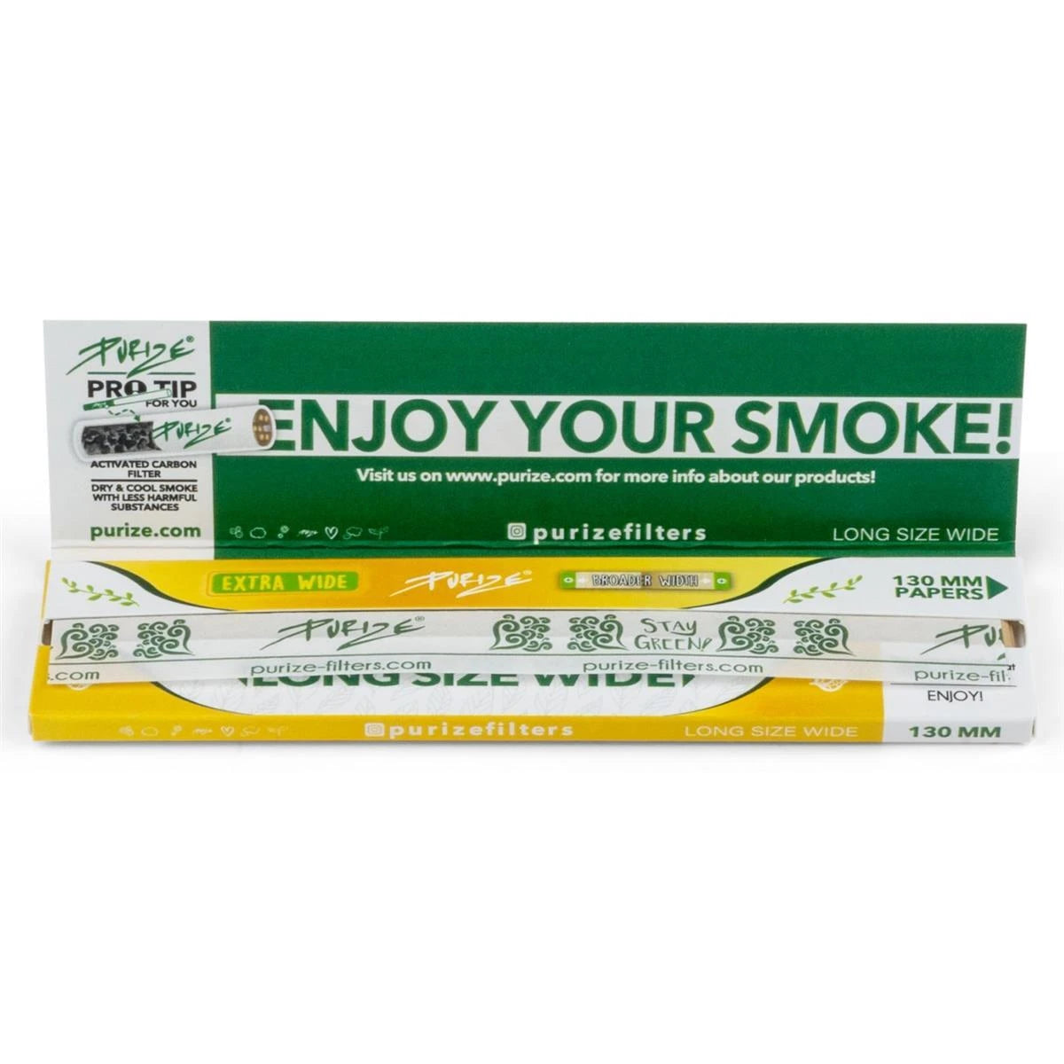 PURIZE Long Size Wide Papers, 130 mm extra breite Papers geöffnet mit sichtbaren Blättern, Enjoy Your Smoke Schriftzug und PURIZE Logo
